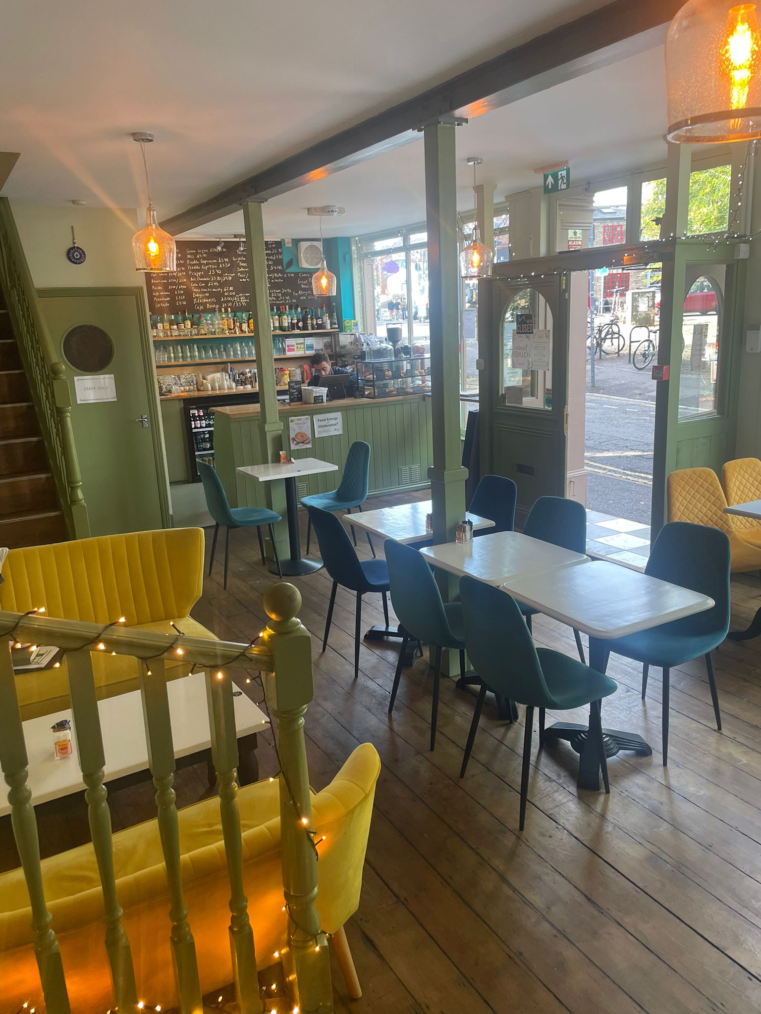 The café and bistro at Soleá, with the counter and street windows